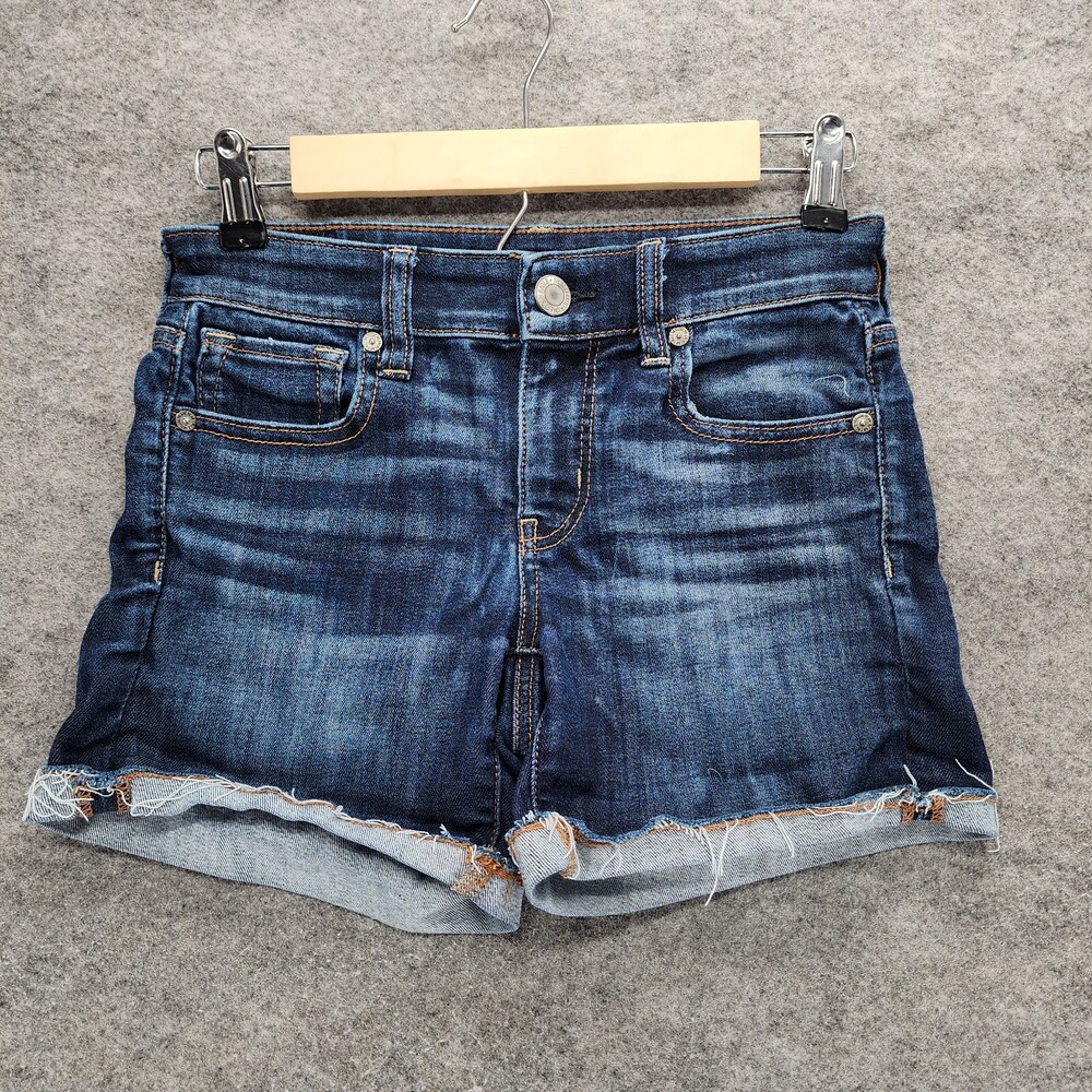 American Eagle Shorts Womens 0 Midi Blue Denim Cut Off Low Rise 27" Waist